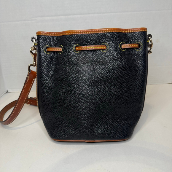Dooney & Bourke Pebble Grain Small Drawstring Bag Black & Saddle Leather, NWOT - Picture 4 of 7
